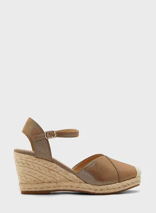Mixed Material Metallic Wedge Sandal