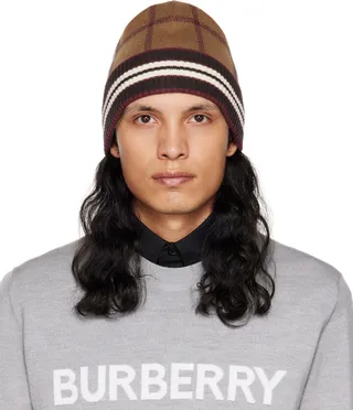 Burberry Brown Check & Stripe Beanie