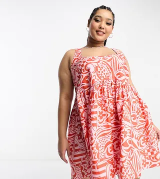 ASOS DESIGN Curve square neck mini smock sundress in pink and red print