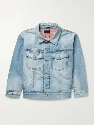 Appliquéd Distressed Denim Trucker Jacket
