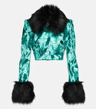 Faux fur-trimmed velvet cropped jacket