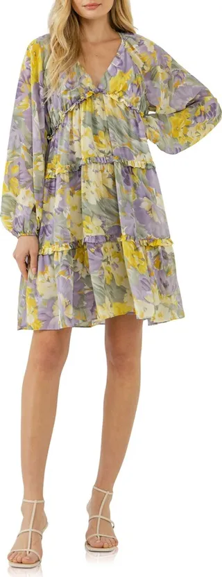 Voluminous Flowy Floral Print Long Sleeve Minidress