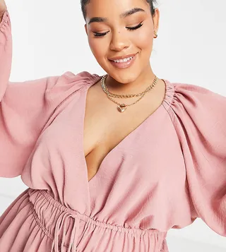 ASOS DESIGN Curve long sleeve V-neck top with kimono sleeves and tie front in soft rose