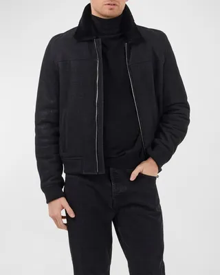 Mens Check Lamb Shearling Bomber Jacket