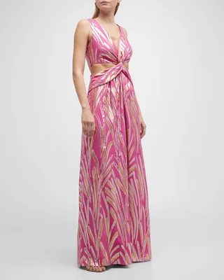 Irene Twist-Front Cutout Jacquard Gown