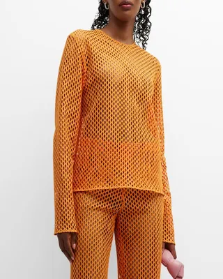 Mesh Crewneck Long-Sleeve Top