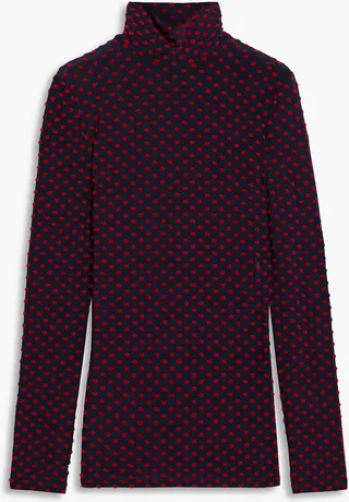 Polka-dot flocked crepe de chine turtleneck top