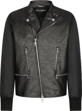 Contrasting-Sleeve Leather Biker Jacket