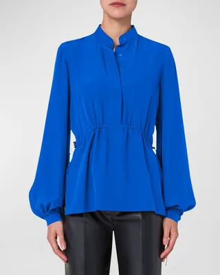 Cinched-Waist Collared Mulberry Silk Blouse