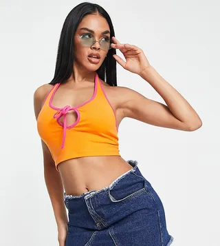 Asyou contrast trim halter top in pink