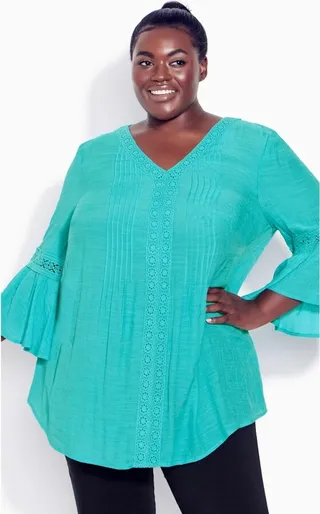 AVENUE| Women's Plus Size Pleat Lace Tunic - blue - 18W