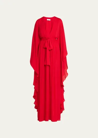 Plunge V-Neck Ruffle Gown with Tie Belt