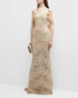 Off-Shoulder Lace Gown with Draped Tulle Detail