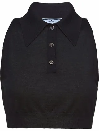 Knitted Cropped Sleeveless Polo Shirt