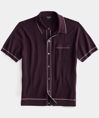Cotton Silk Short Sleeve Full Placket Riviera Polo in Raisin