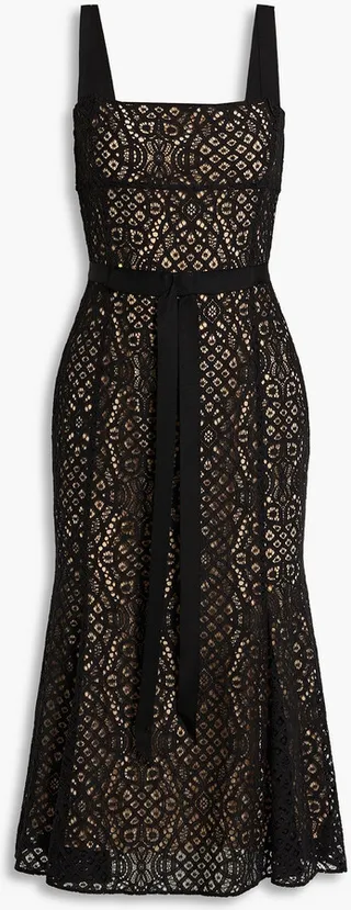 Bow-embellished cotton-blend corded lace midi dress