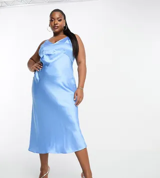 ASOS DESIGN Curve high apex midi slip dress in hammered satin in cornflower blue