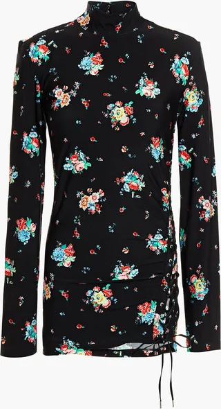 Lace-up floral-print stretch-jersey turtleneck top