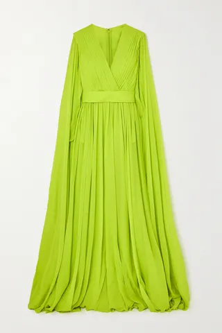 Elie Saab - Cape-effect Pleated Silk Crepe De Chine Gown - Yellow