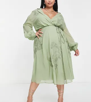 ASOS DESIGN curve floral embrodiered midi dress with lace insert and satin tie detail in sage