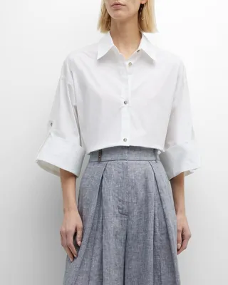 Elbow-Sleeve Button-Down Poplin Shirt