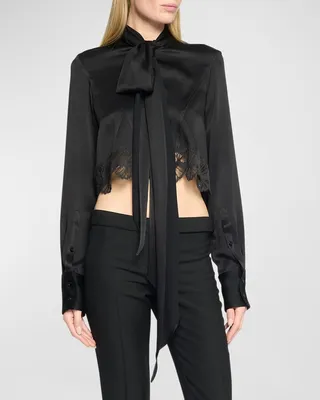 Scarf-Neck Scallop Lace Crop Blouse