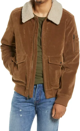 Faux Suede Aviator Bomber Jacket with Removable Faux Shearling Collar