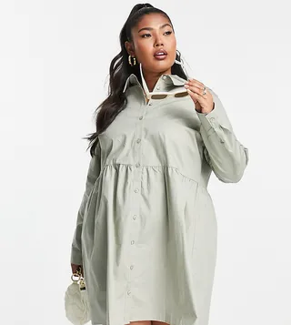 ASOS DESIGN Curve cotton mini smock shirt dress in khaki