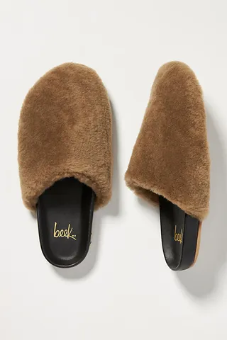 beek Flufftail Shearling Clogs Brown