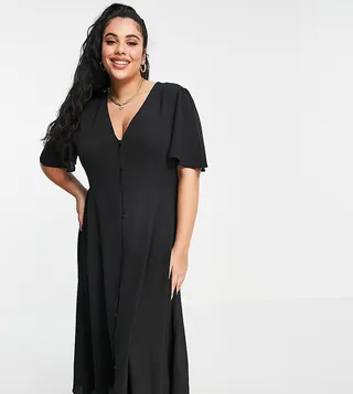 ASOS DESIGN Curve button through tie back midi tea dress with angel sleeve in black