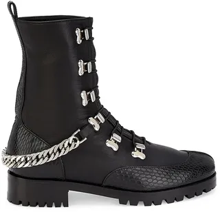Horse Chain-Trimmed Leather Combat Boots