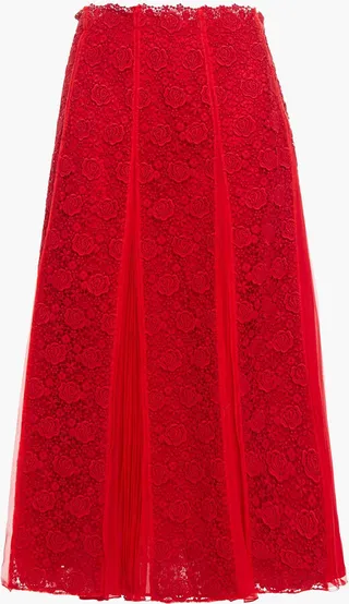 Pleated silk-chiffon and guipure lace midi skirt