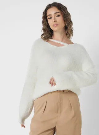 V-Neck Cutout Fluffy Sweater