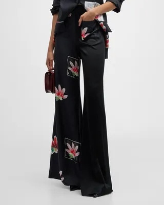 Luc Patchwork Floral-Print Wide-Leg Satin Pants