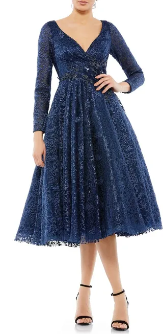 Embroidered Long Sleeve A-Line Cocktail Dress
