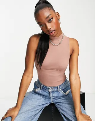 ASOS DESIGN high neck bodysuit with bust seams in neutral