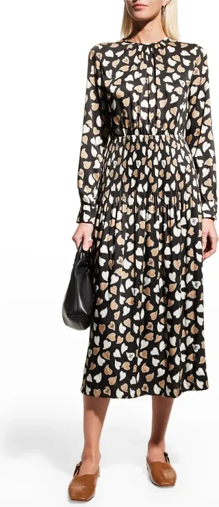 Nostoc Heart-Print Pleated Midi Satin Dress