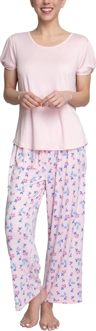 Muk Luks Solid Top & Printed Pants Pajama Set