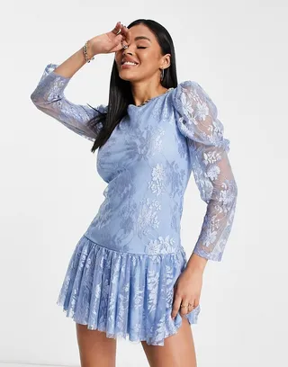 John Zack lace mini dress with tie back in blue