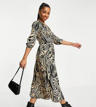 Stradivarius long sleeve midi satin dress in swirl print