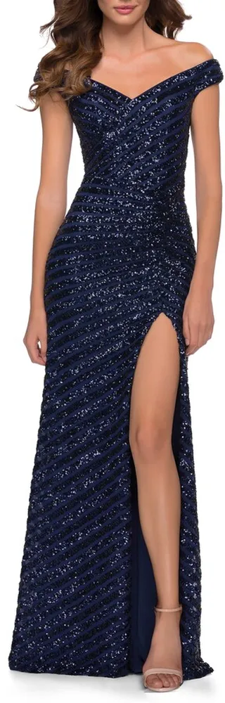 Sequin Stripe Off the Shoulder Gown