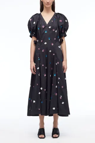 Sequin Embellished Puff Sleeve Midi Dress in navy multi