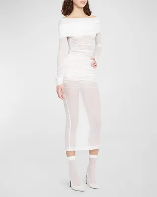 Sheer Tulle Off-Shoulder Ruched Midi Dress