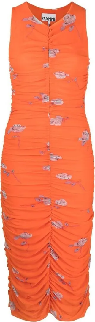 Rose-Print Ruched Mesh Dress