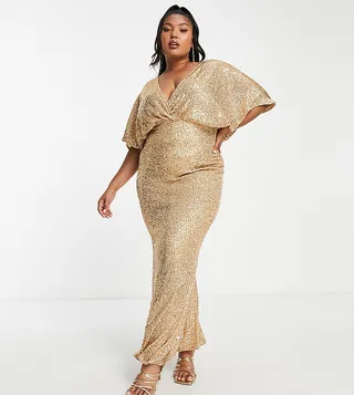 ASOS DESIGN Curve kimono sleeve maxi dress in sequin gold