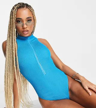 Rhythm zip front swimsuit in cobalt blue