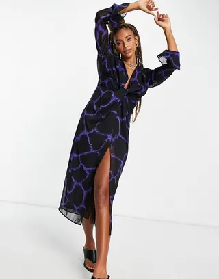 Topshop Woven Knot Front Plunge Occasion Midi Dress in Purple