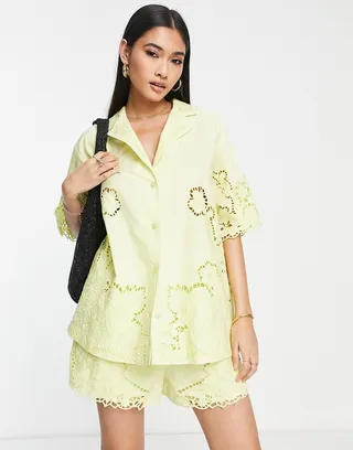 ASOS EDITION embroidered boxy short sleeve shirt in yellow