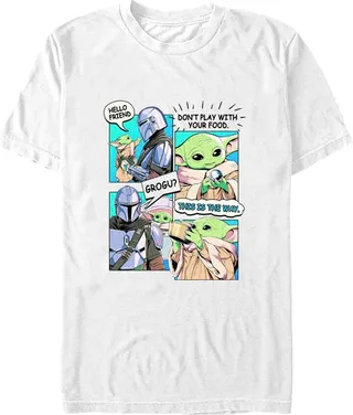 Men's Star Wars: The Mandalorian Grogu and Din Djarin Comic Strip T-Shirt - White - Small