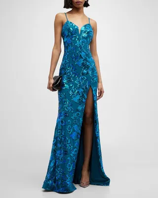 Floral Sequin Sweetheart A-Line Gown